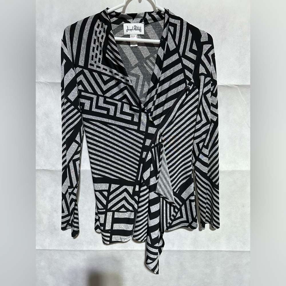 Joseph Ribkoff Top Women’s 6 Black Gray Geometric Print Asymmetrical Zip Blouse